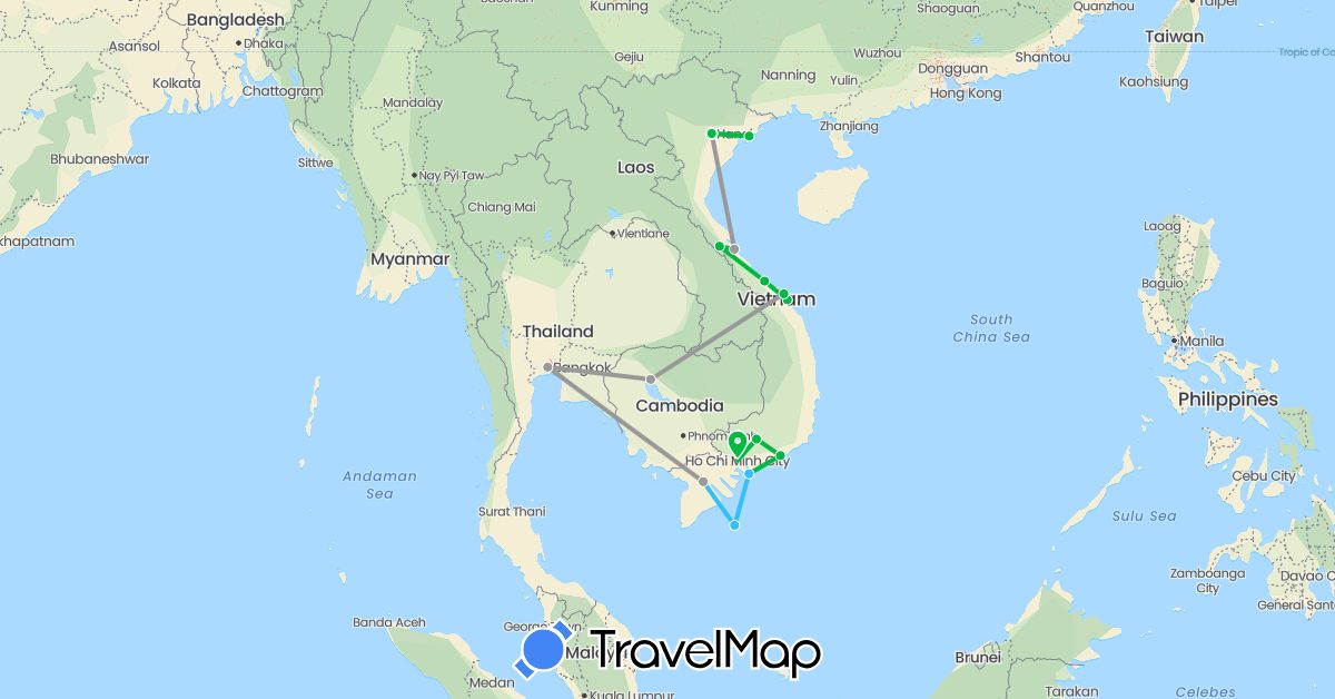 TravelMap itinerary: driving, bus, plane, boat in Cambodia, Thailand, Vietnam (Asia)